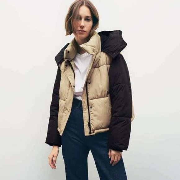 ZARA Color Block Hooded Puffer Jacket Tan\Black S NWOT - Picture 1 of 7